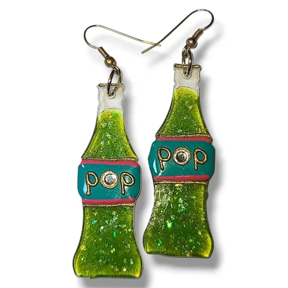 Vintage‎ Green Confetti Acrylic Soda Pop Bottle Dangle Earrings